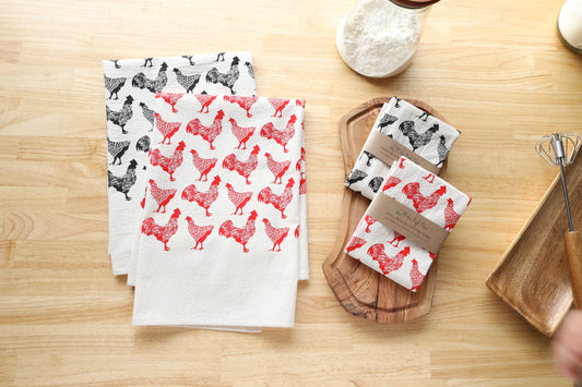 Chicken Kitchen Towel, Handprinted Chicken Tea Towel