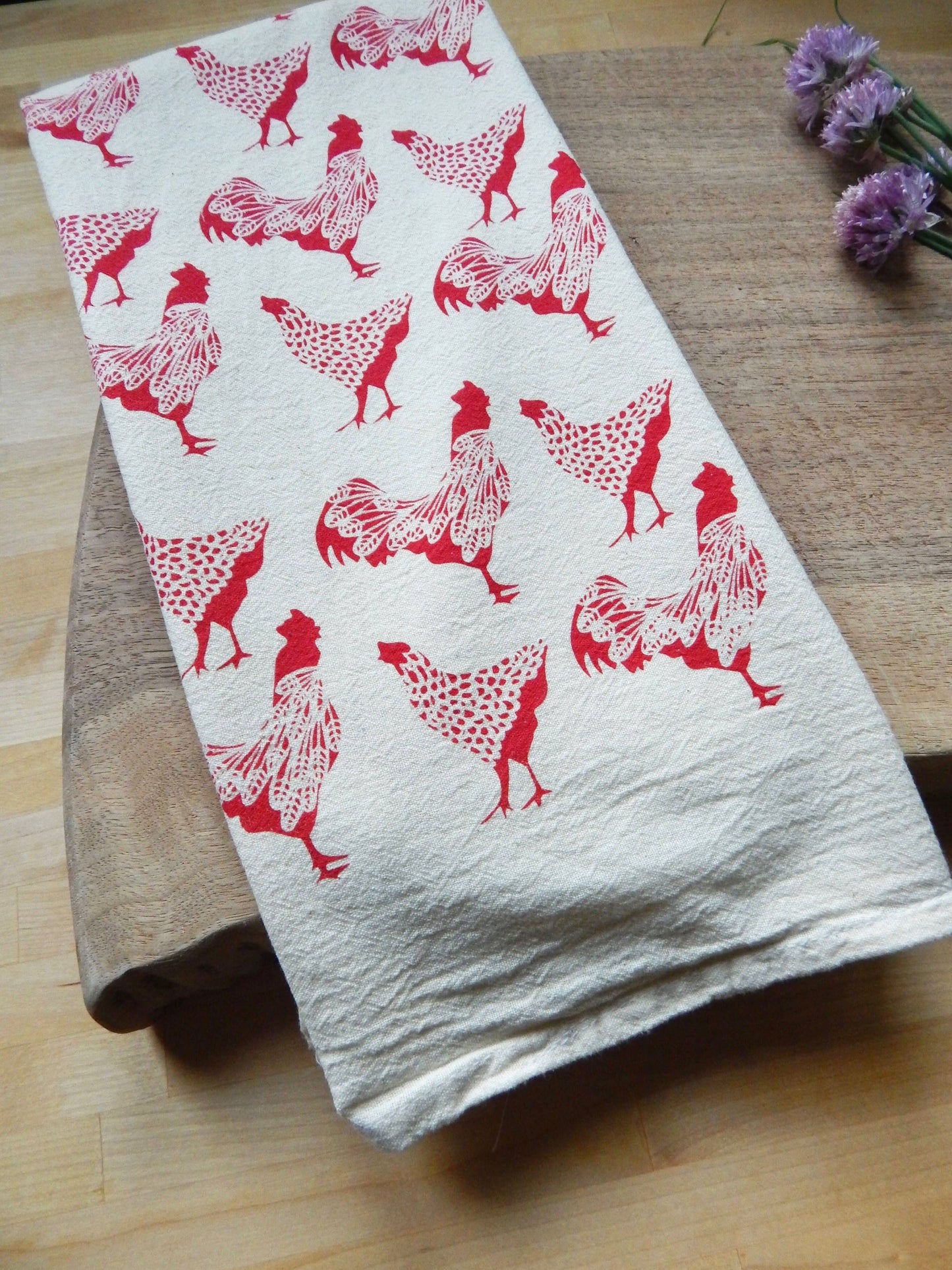 Chicken Kitchen Towel, Handprinted Chicken Tea Towel
