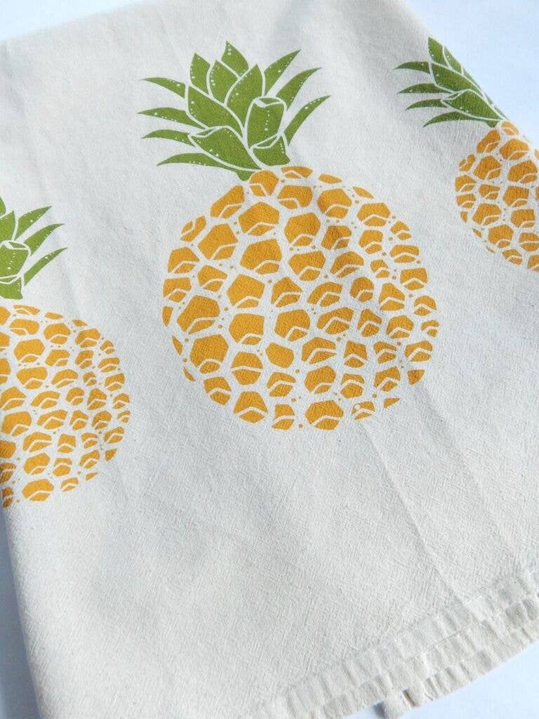 Pineapple Kitchen Towel, Handprinted Tea Towel, Tropical