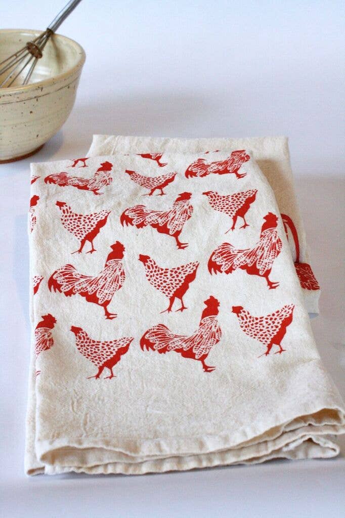 Chicken Kitchen Towel, Handprinted Chicken Tea Towel 