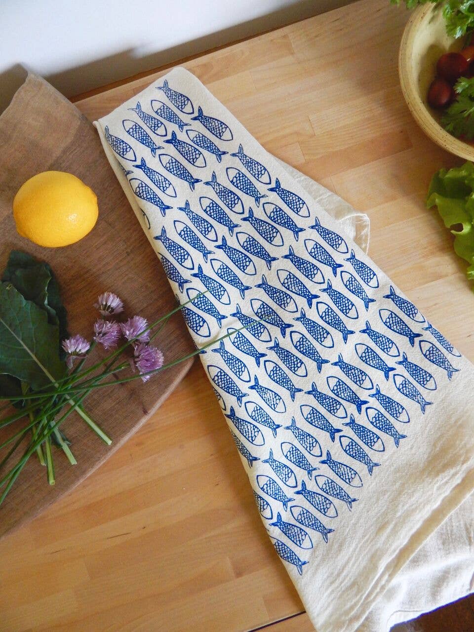 Fish Kitchen Towel, Handprinted Tea Towel, Coastal Towel