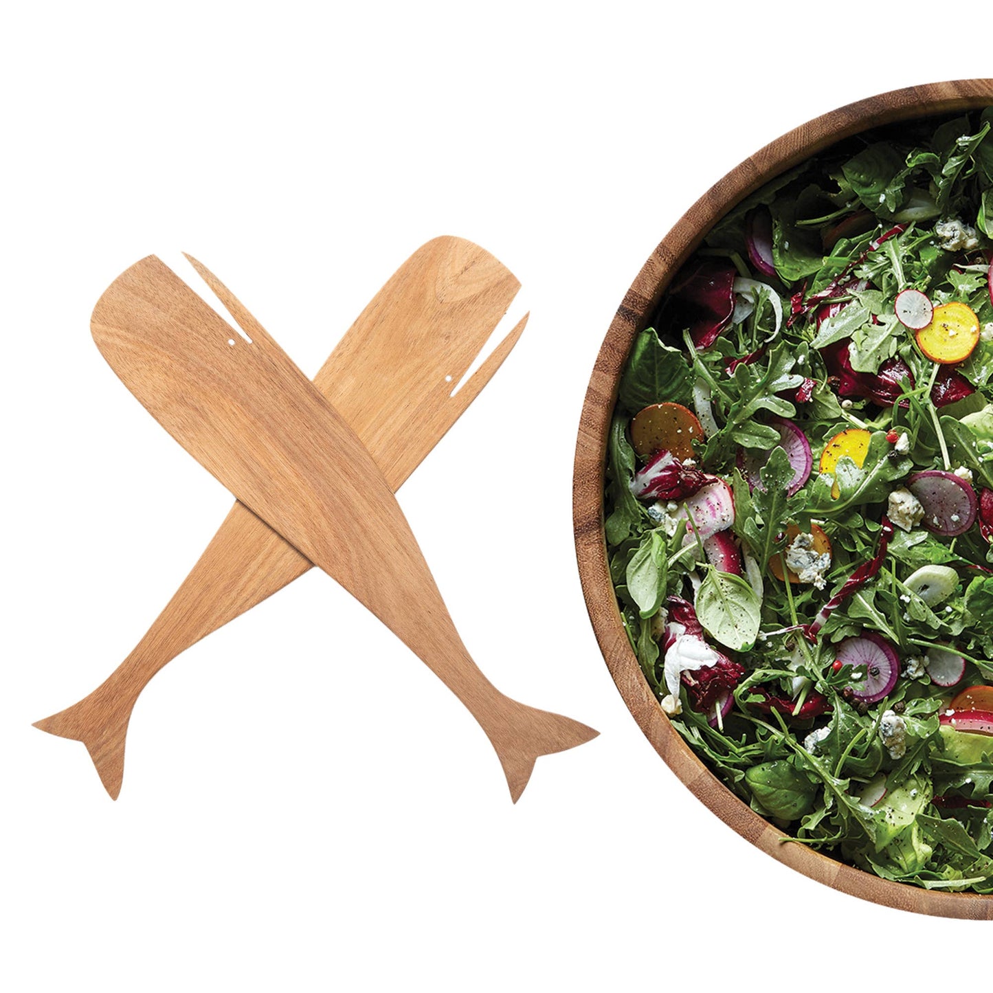 Ironwood Wood Whale Salad Utensils, Acacia,12.5" x 275"