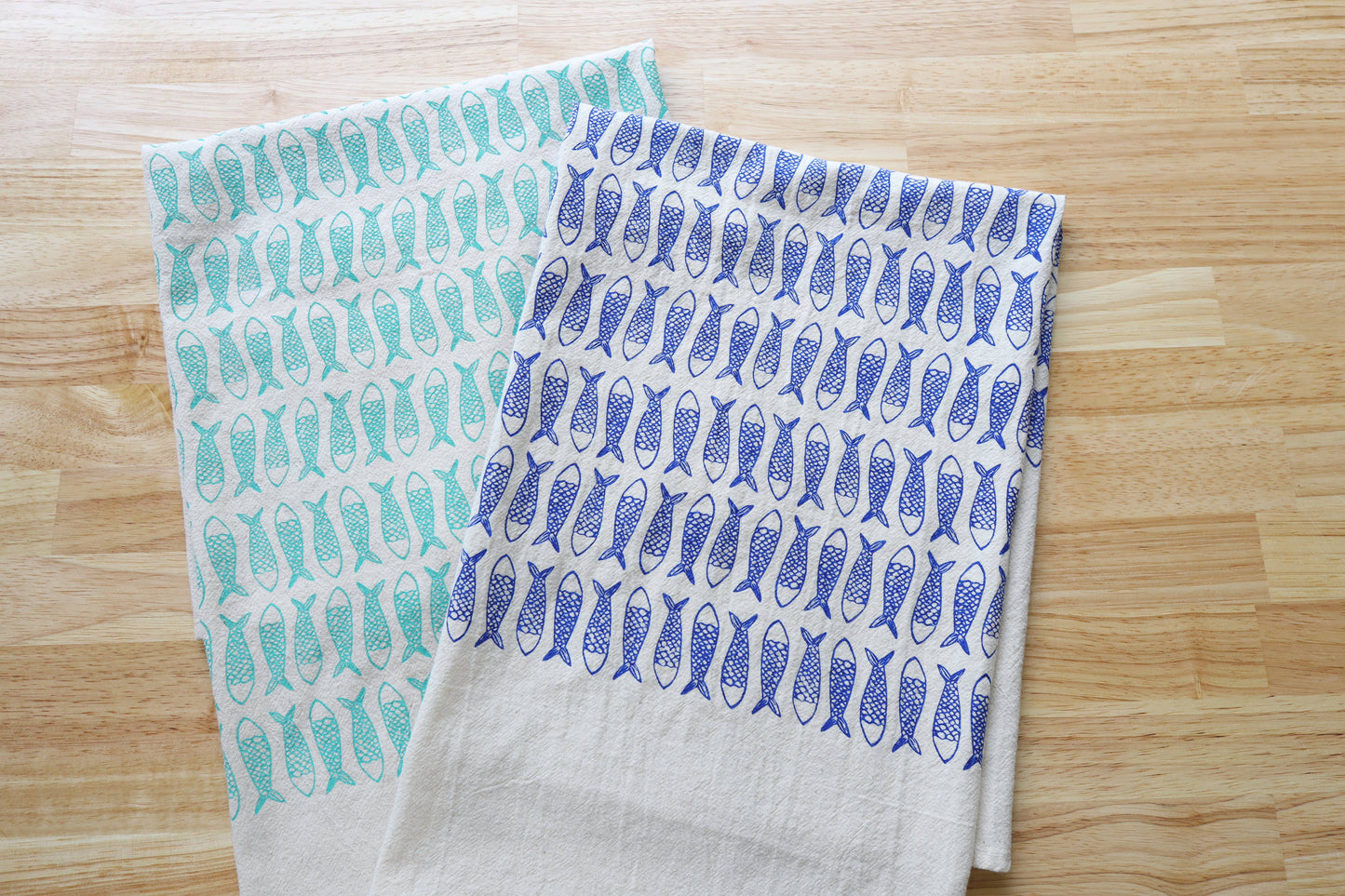 Fish Kitchen Towel, Handprinted Tea Towel, Coastal Towel