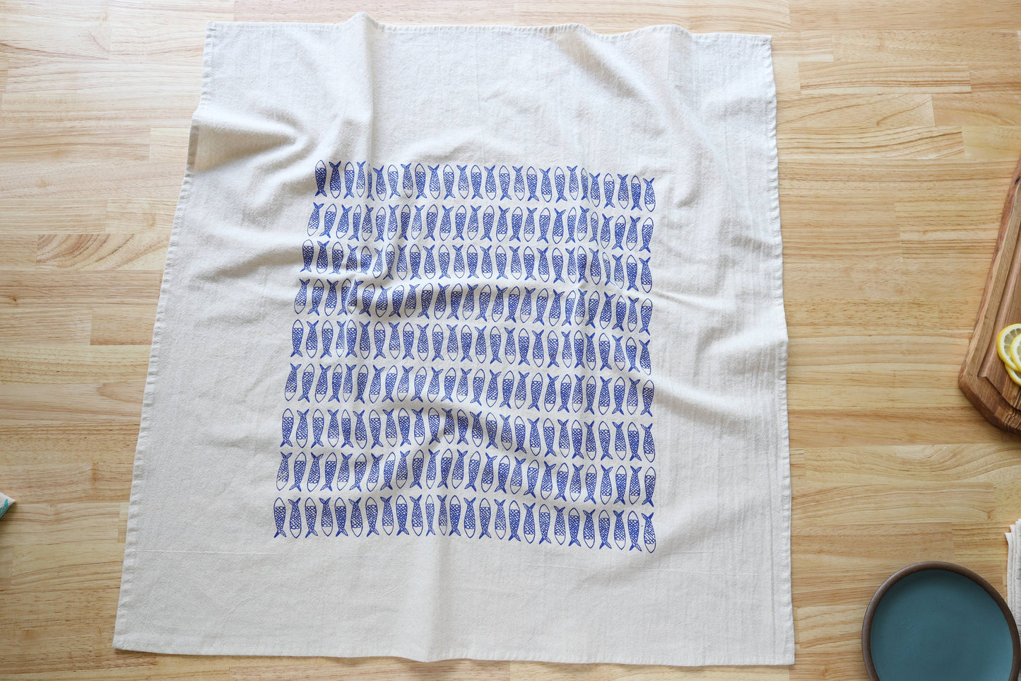 Fish Kitchen Towel, Handprinted Tea Towel, Coastal Towel